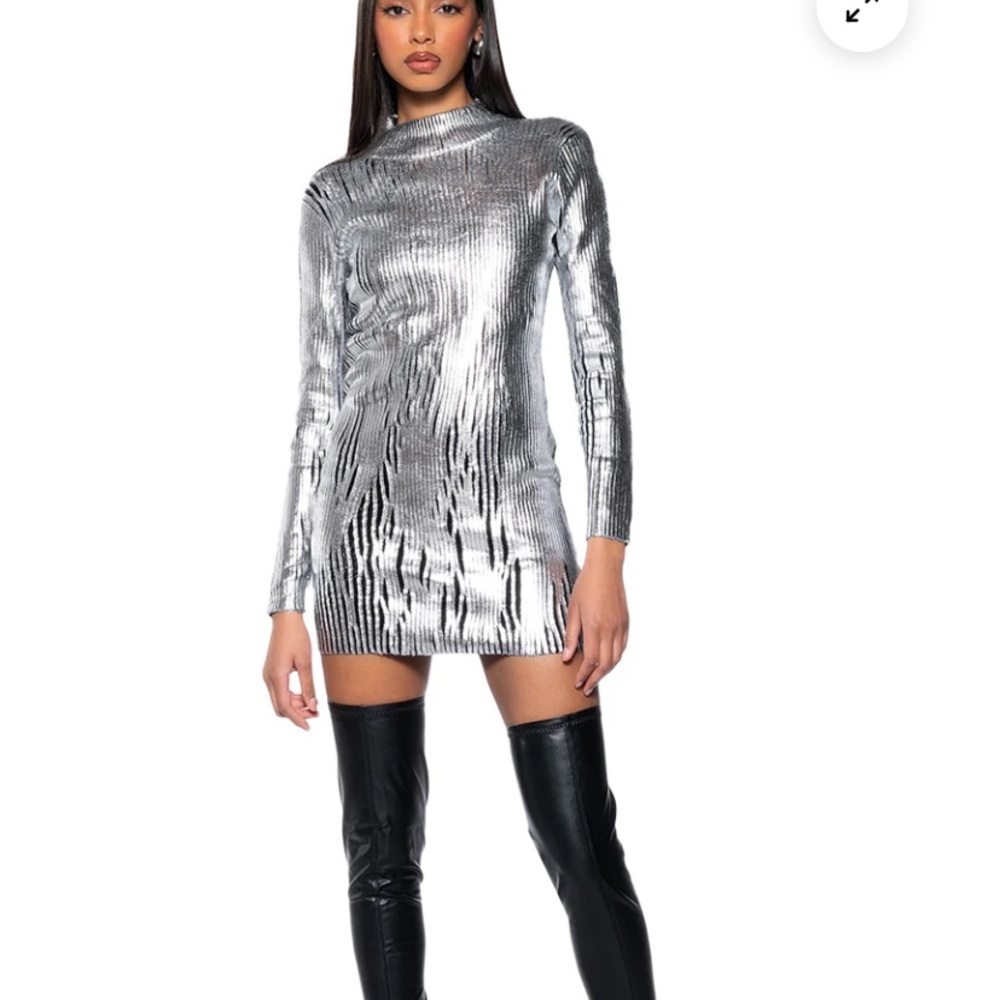 AKIRA Silver Metallic Long Sleeve Mini Dress